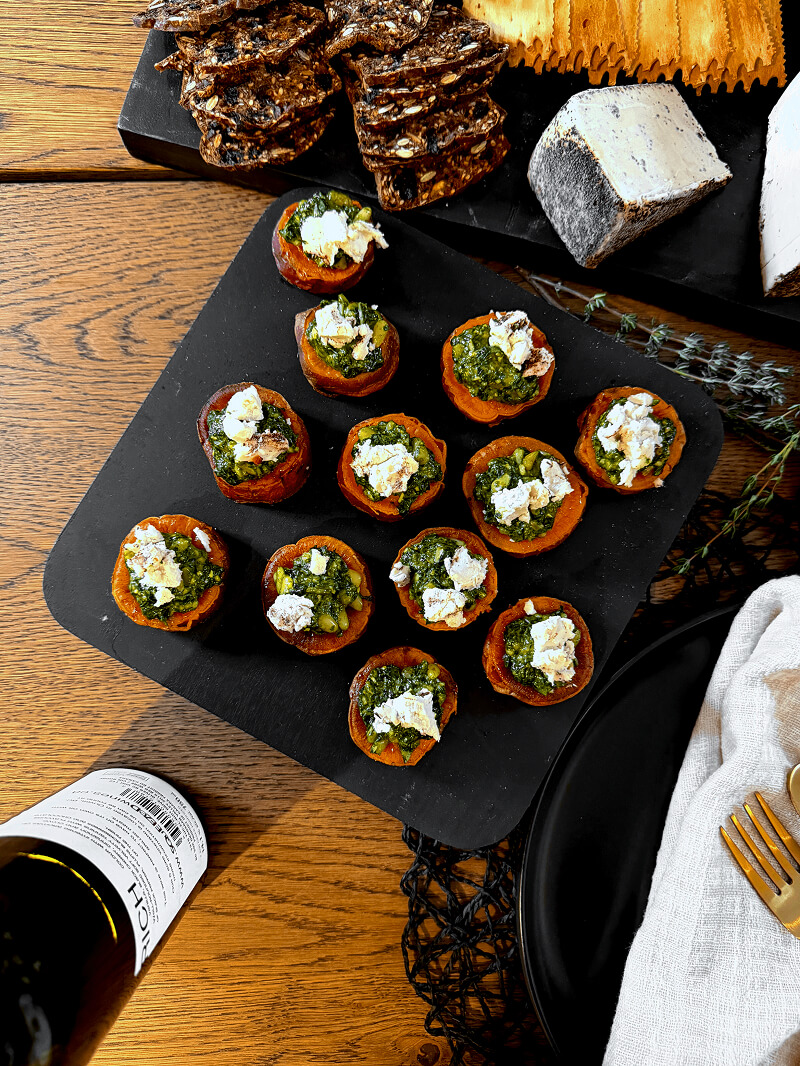 one-bite yam pesto canapes